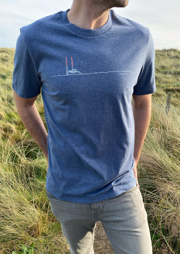 Poolbeg Chimneys / Pigeon House (Dark Heather Blue)-100% Organic cotton t-shirt