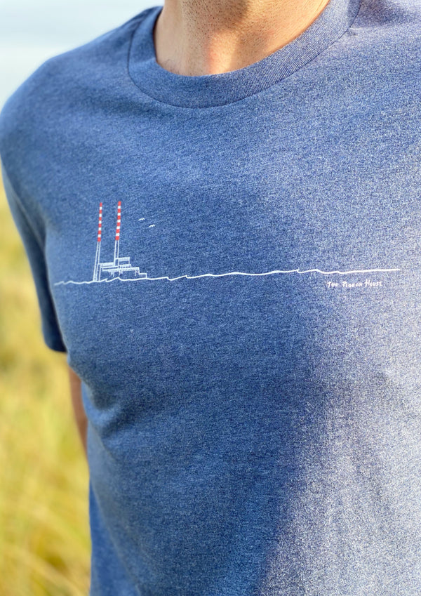 Poolbeg Chimneys / Pigeon House (Dark Heather Blue)-100% Organic cotton t-shirt