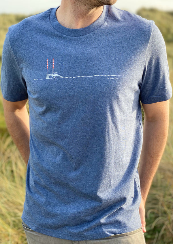 Poolbeg Chimneys / Pigeon House (Dark Heather Blue)-100% Organic cotton t-shirt