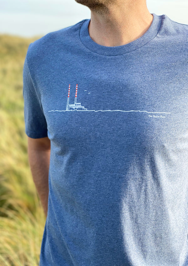 Poolbeg Chimneys / Pigeon House (Dark Heather Blue)-100% Organic cotton t-shirt